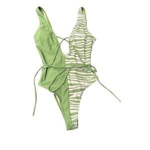 Women’s Green White One Piece High Cut Lattice Swimsuit Sz S